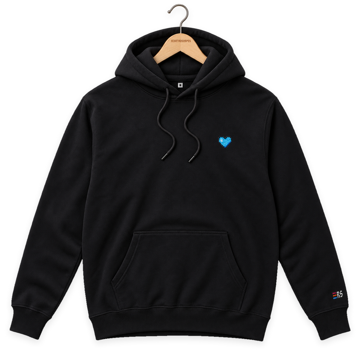Pixel Herz Blau – Bestickter Bio Hoodie · Schwarz · Bügel A · Bügel V5