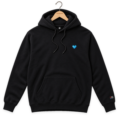 Pixel Herz Blau – Bestickter Bio Hoodie · Schwarz · Bügel A · Bügel V5