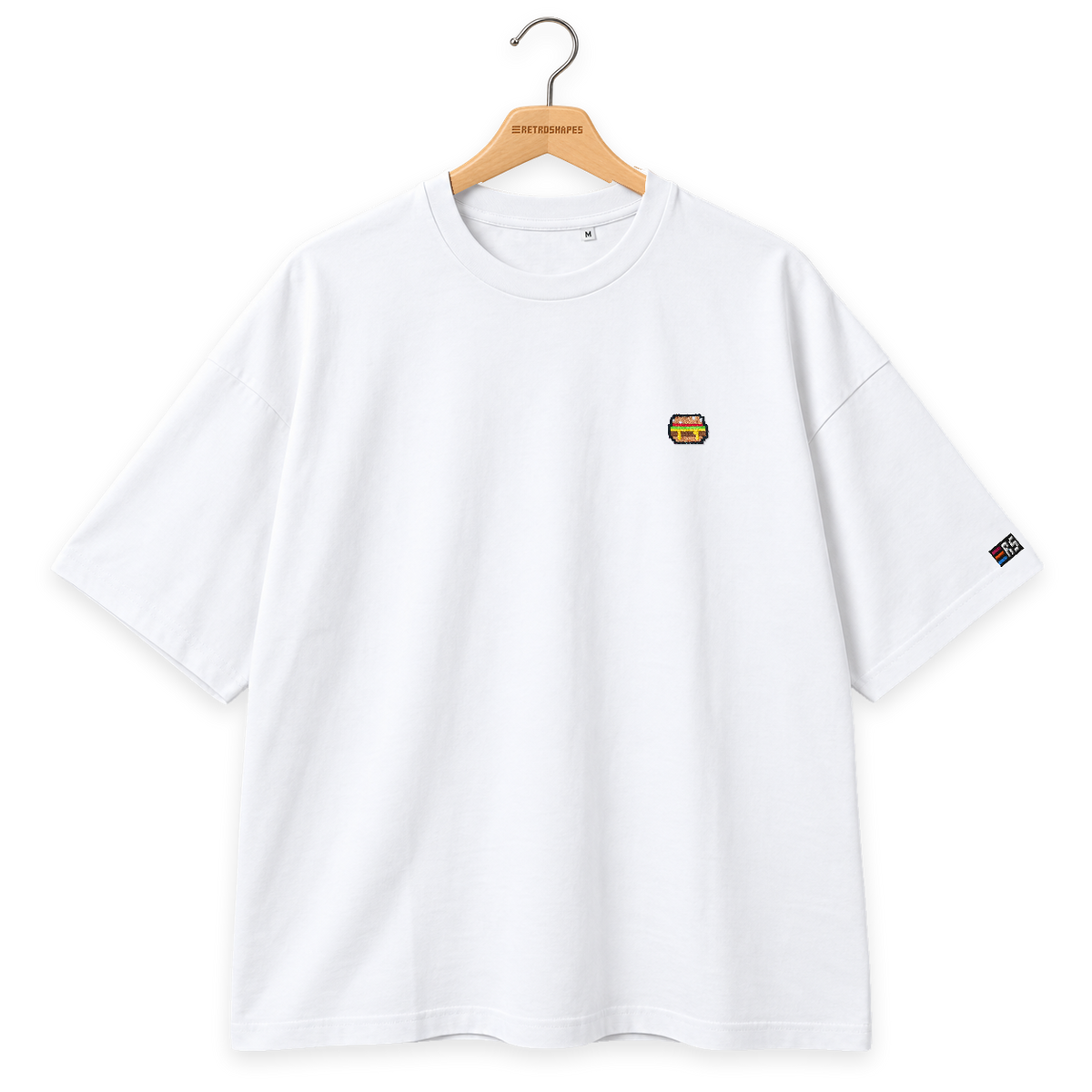 Pixel Burger – Besticktes Bio Oversized T-Shirt · Weiß · Bügel A · Bügel V5