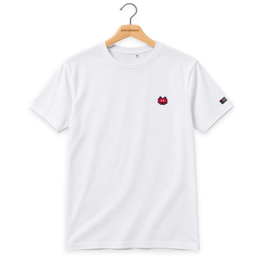 Pixel Alien Rot – Besticktes Bio T-Shirt · Weiß · Bügel A · Bügel V5