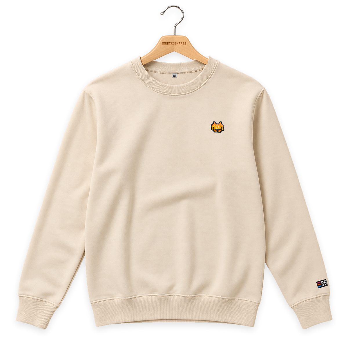 Pixel Alien Orange – Bestickter Bio Pullover · Beige · Bügel A · Bügel V5