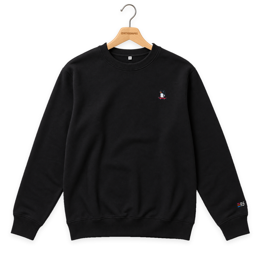 Pixel Pinguin Mit Skateboard – Bestickter Bio Pullover · Schwarz · Bügel A · Bügel V5
