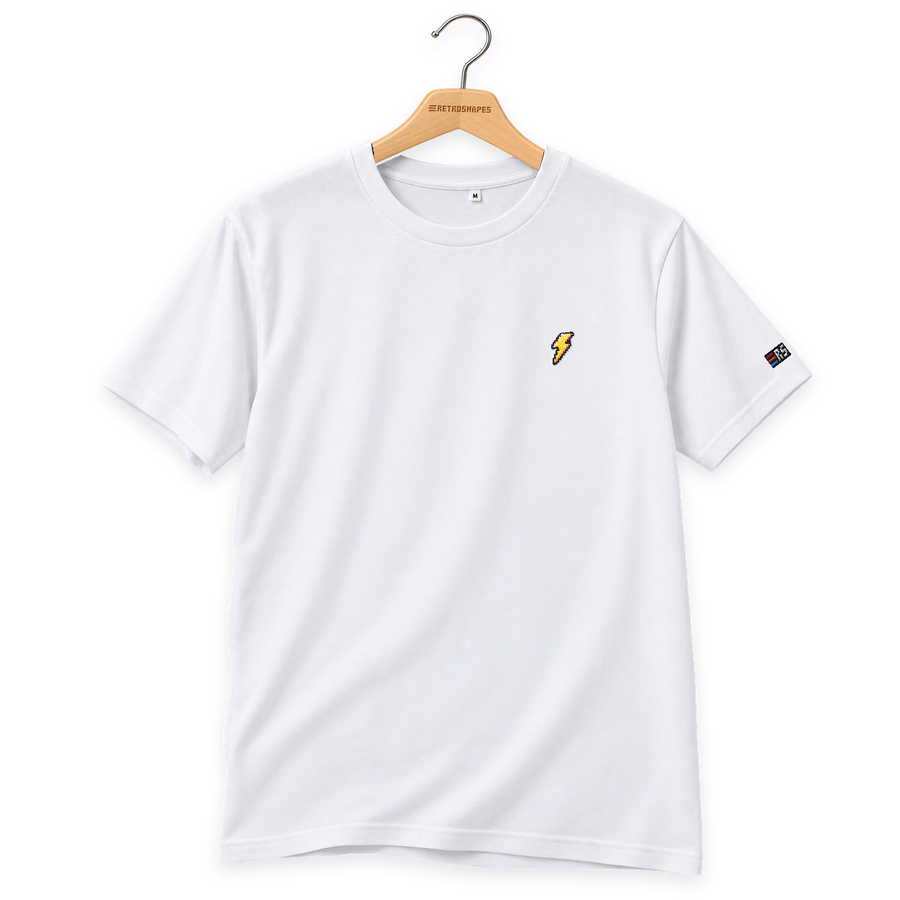 Pixel Blitz – Besticktes Bio T-Shirt Weiss · Standard · Bügel B · Bügel V5