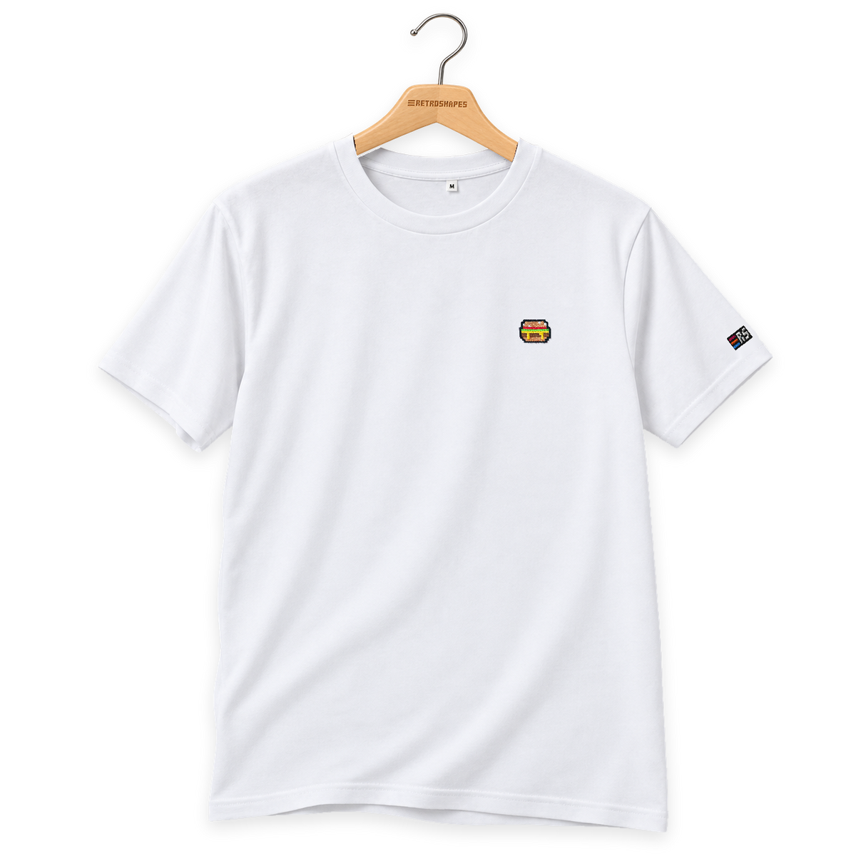 Pixel Burger – Besticktes Bio T-Shirt · Weiß · Bügel B · Bügel V5