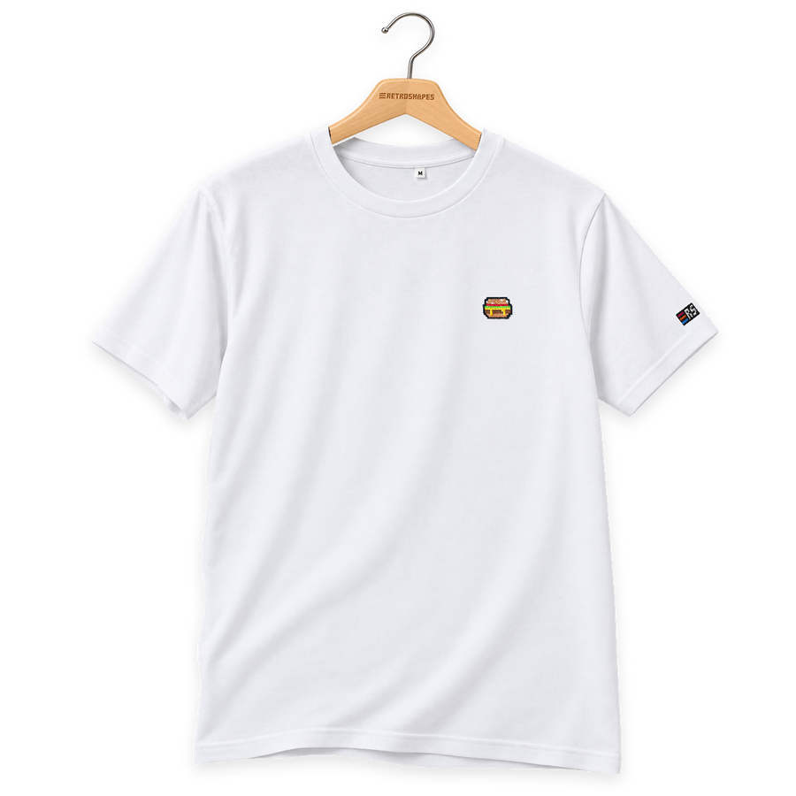 Pixel Burger – Besticktes Bio T-Shirt · Weiß · Bügel B · Bügel V5