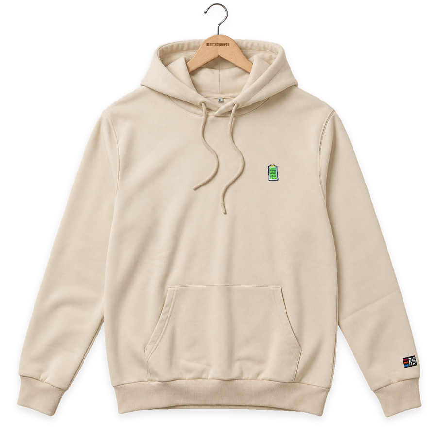 Pixel Batterie – Bestickter Bio Hoodie Beige · Beige · Bügel A · Bügel V5