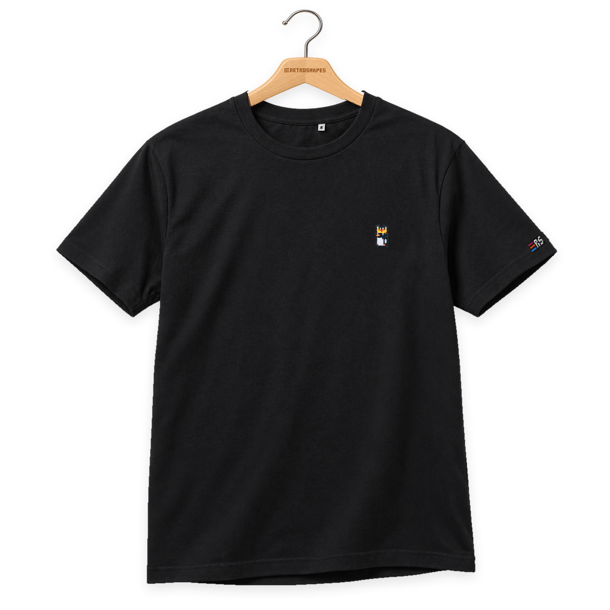 Pixel Pinguin Mit Krone – Besticktes Bio T-Shirt · Schwarz · Bügel A · Bügel V5