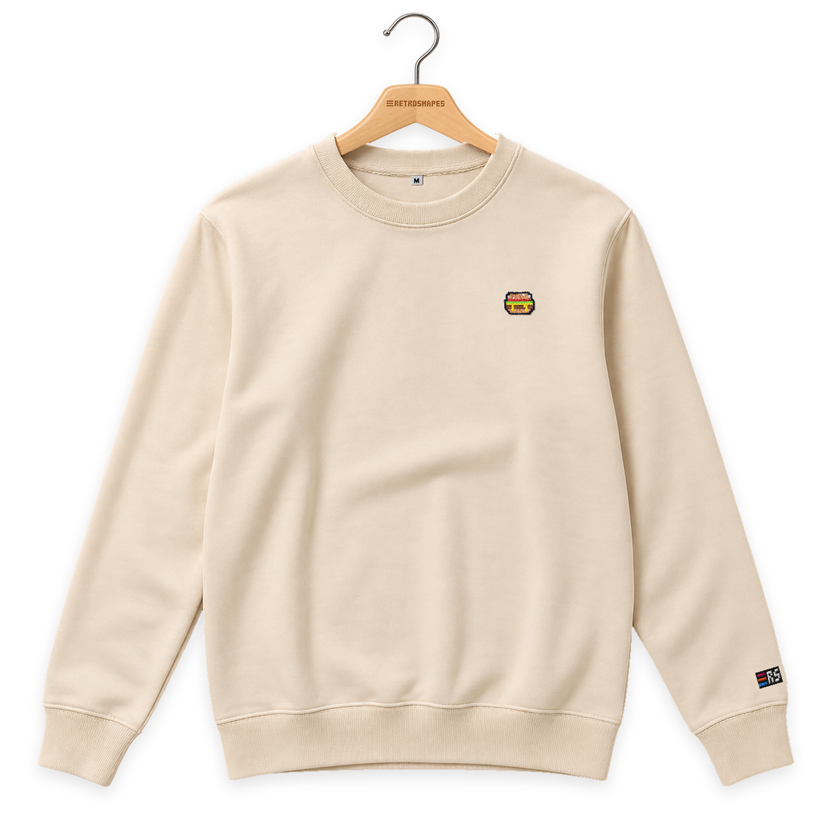 Pixel Burger – Bestickter Bio Pullover · Beige · Bügel A · Bügel V5