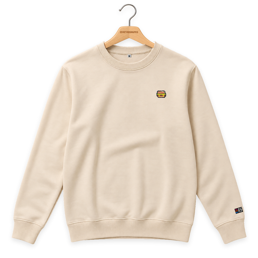 Pixel Burger – Bestickter Bio Pullover · Beige · Bügel A · Bügel V5