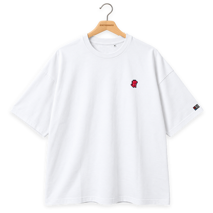 Pixel Dino Rot – Besticktes Bio Oversized T-Shirt · Weiß · Bügel A · Bügel V5