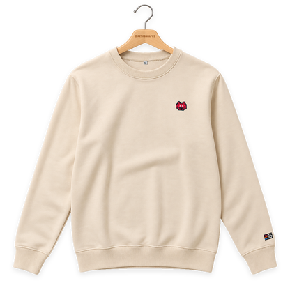 Pixel Alien Rot – Bestickter Bio Pullover · Beige · Bügel A · Bügel V5
