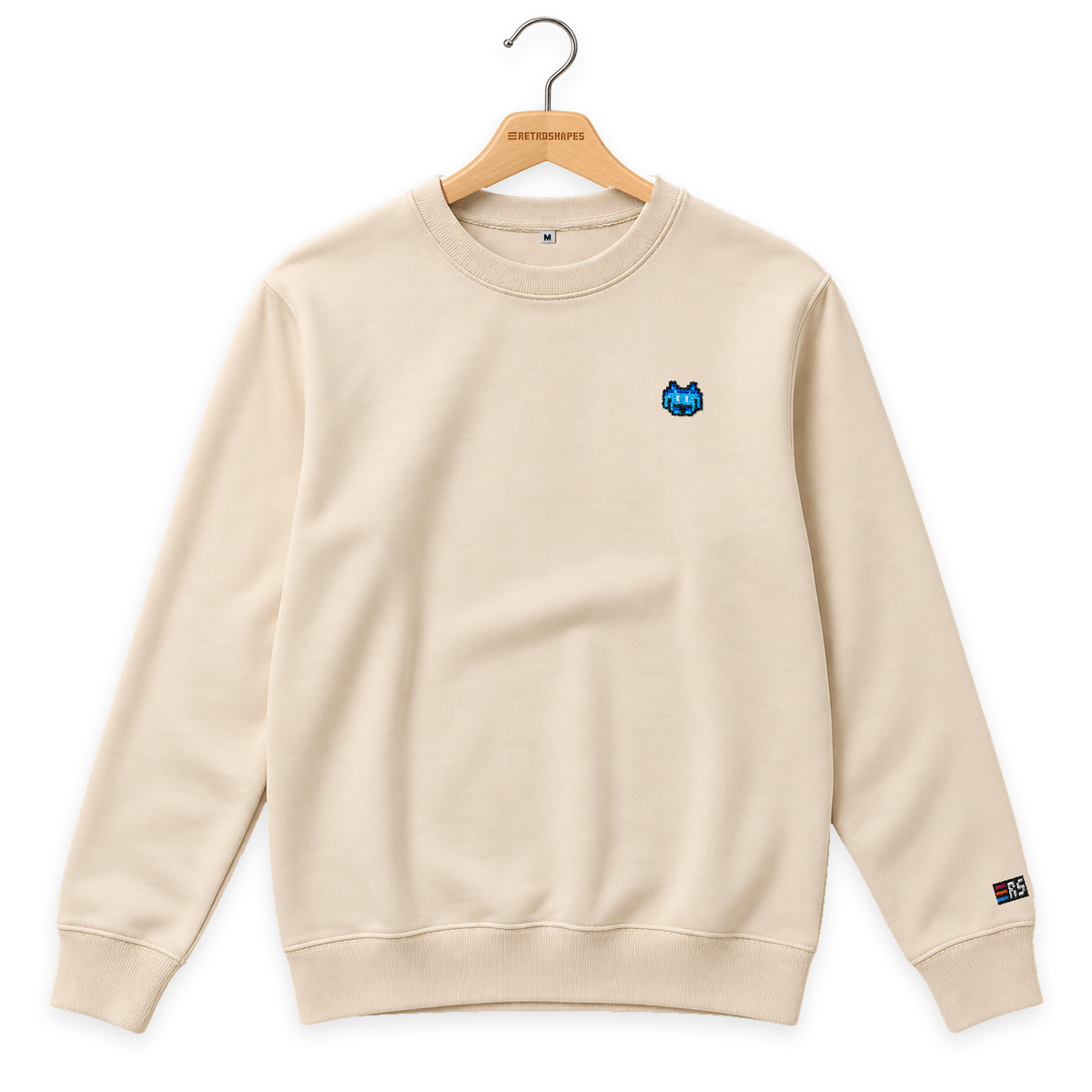 Pixel Alien Blau – Bestickter Bio Pullover · Beige · Bügel A · Bügel V5