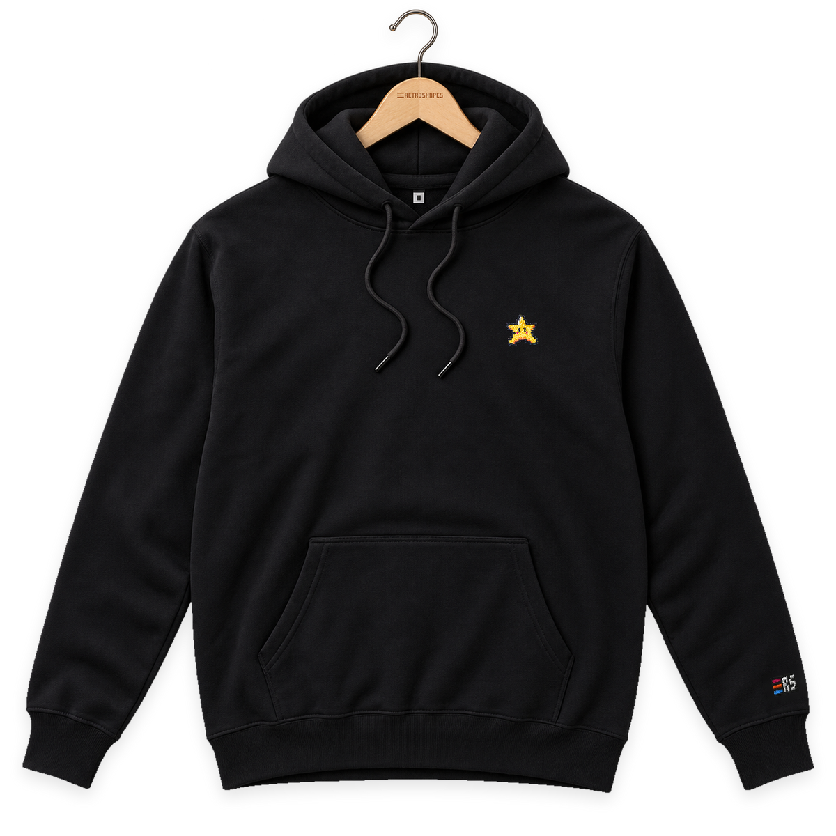 Pixel Stern – Bestickter Bio Hoodie · Schwarz · Bügel A · Bügel V5