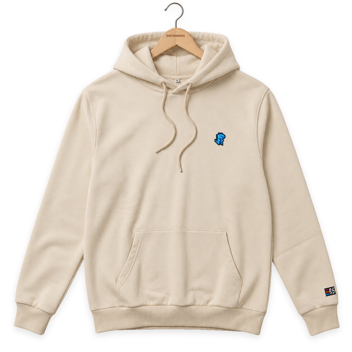 Pixel Dino Blau – Bestickter Bio Hoodie · Beige · Bügel A · Bügel V5