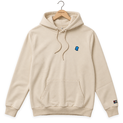 Pixel Dino Blau – Bestickter Bio Hoodie · Beige · Bügel A · Bügel V5