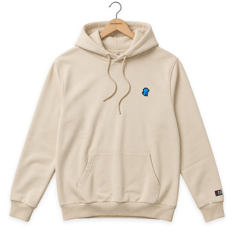 Pixel Dino Blau – Bestickter Bio Hoodie · Beige · Bügel A · Bügel V5