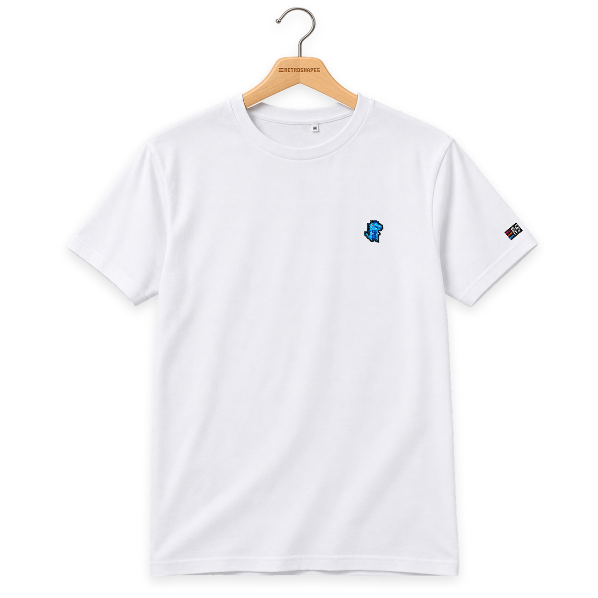 Pixel Dino Blau – Besticktes Bio T-Shirt · Weiß · Bügel A · Bügel V5