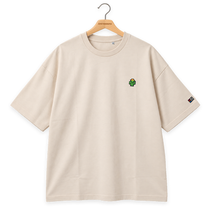 Pixel Kaktus – Besticktes Bio Oversized T-Shirt · Beige · Bügel A · Bügel V5