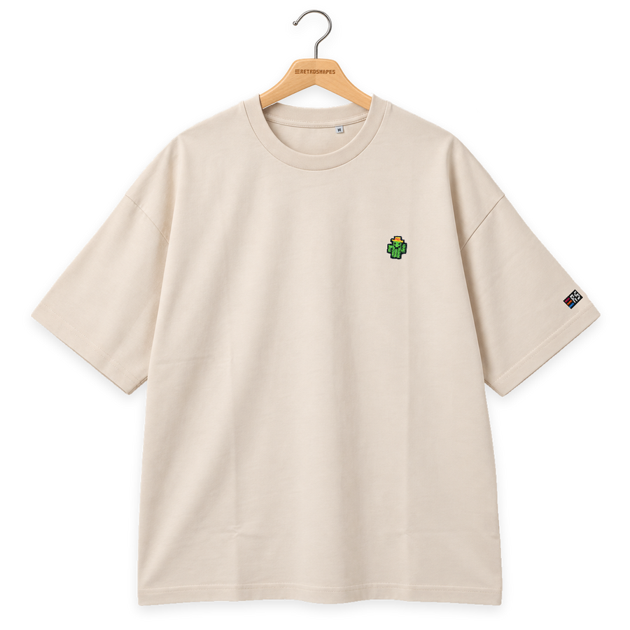 Pixel Kaktus – Besticktes Bio Oversized T-Shirt · Beige · Bügel A · Bügel V5
