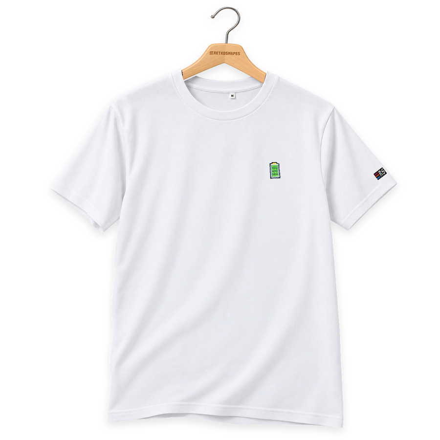Pixel Batterie – Besticktes Bio T-Shirt Weiss · Standard · Bügel B · Bügel V5