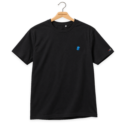Pixel Dino Blau – Besticktes Bio T-Shirt · Schwarz · Bügel A · Bügel V5