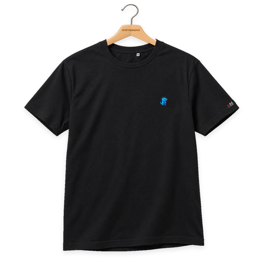 Pixel Dino Blau – Besticktes Bio T-Shirt · Schwarz · Bügel A · Bügel V5