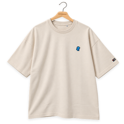 Pixel Dino Blau – Besticktes Bio Oversized T-Shirt · Beige · Bügel B · Bügel V6