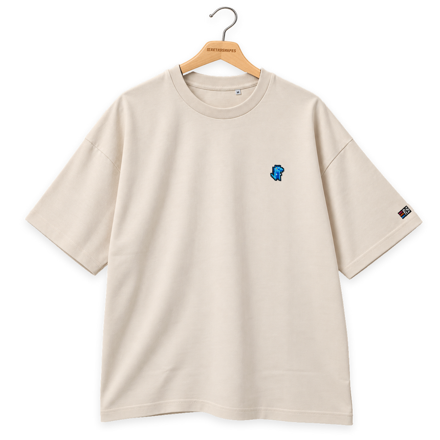 Pixel Dino Blau – Besticktes Bio Oversized T-Shirt · Beige · Bügel B · Bügel V6