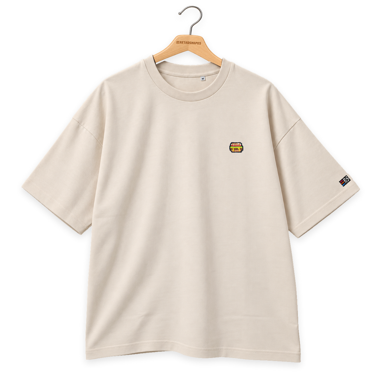 Pixel Burger – Besticktes Bio Oversized T-Shirt · Beige · Bügel B · Bügel V6