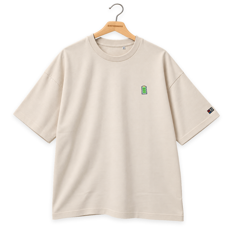 Pixel Batterie – Besticktes Bio Oversized T-Shirt · Beige · Bügel B · Bügel V6