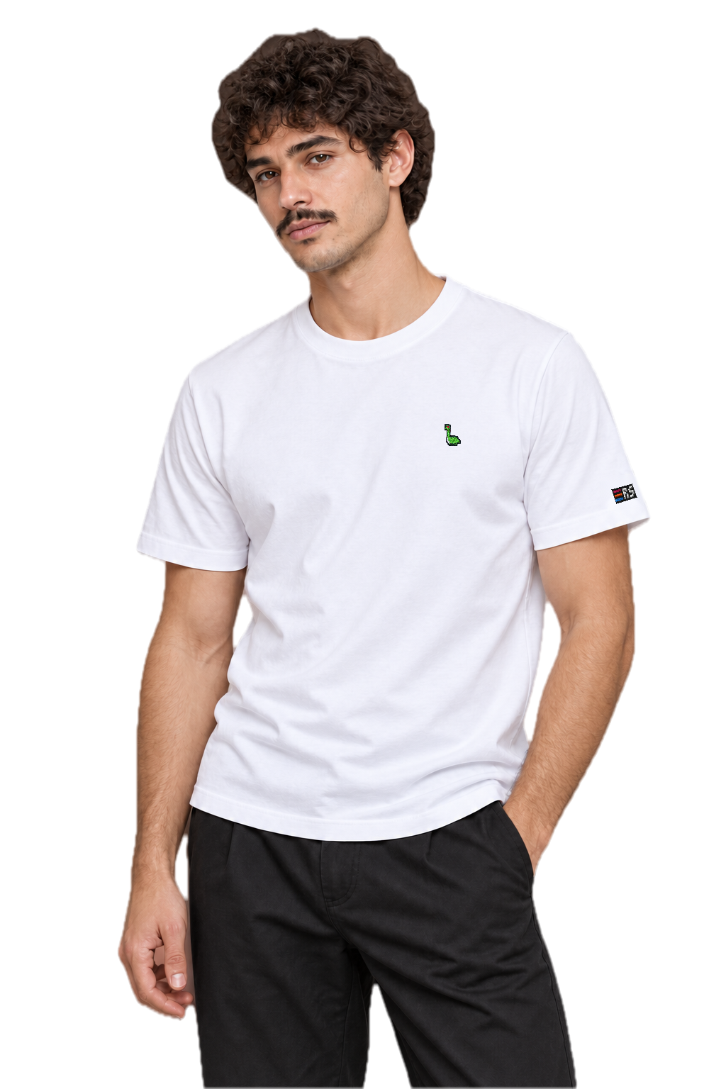 Pixel Dino – Besticktes Bio T-Shirt · Weiß · Model · Mann · Model V3